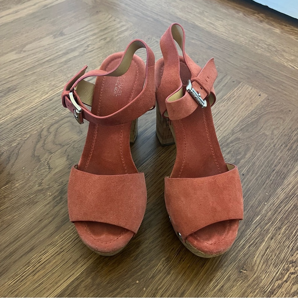 MICHAEL Michael Kors Suede Rust Orange Block Heel Sandals